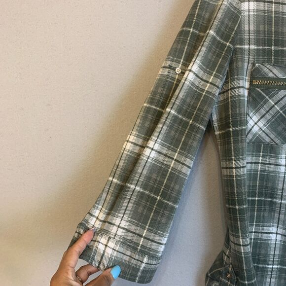 Eden & Olivia Green White Plaid Button Down Shirt Zip Pocket Top Small Womens - Picture 9 of 10